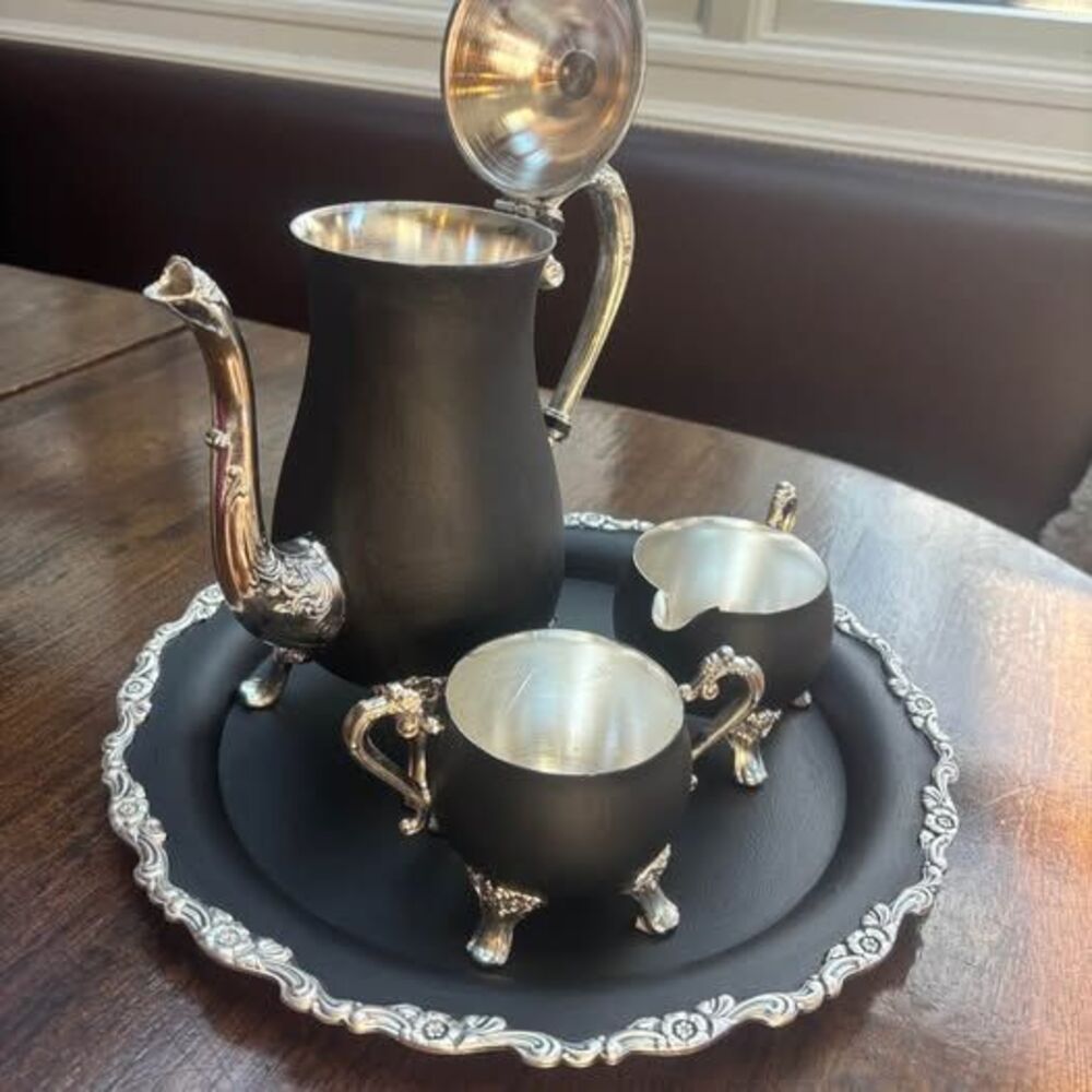 4-Piece Black and Silver Ornate Tea Coffee Set